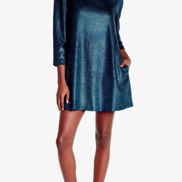 Free People Women's Turquoise and Black Shimmer Long Sleeve Mini Dress XS NWT - Picture 2 of 7